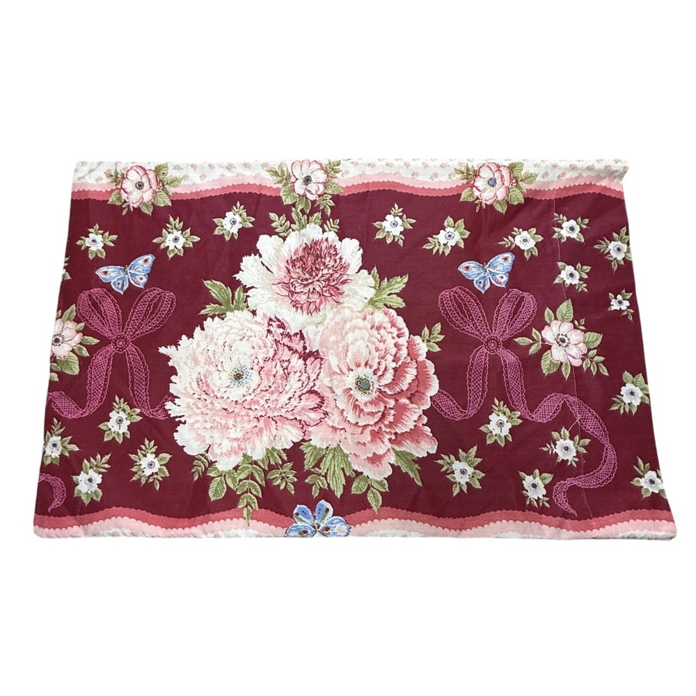 Vtg Burlington Floral Butterfly Pillowcase Burgundy Pink Cottagecore Coquette